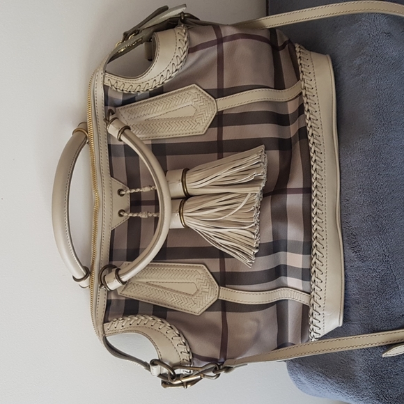 Burberry Smoked Check Coated Canvas Tassel Tote Bag - Picture 1 of 16